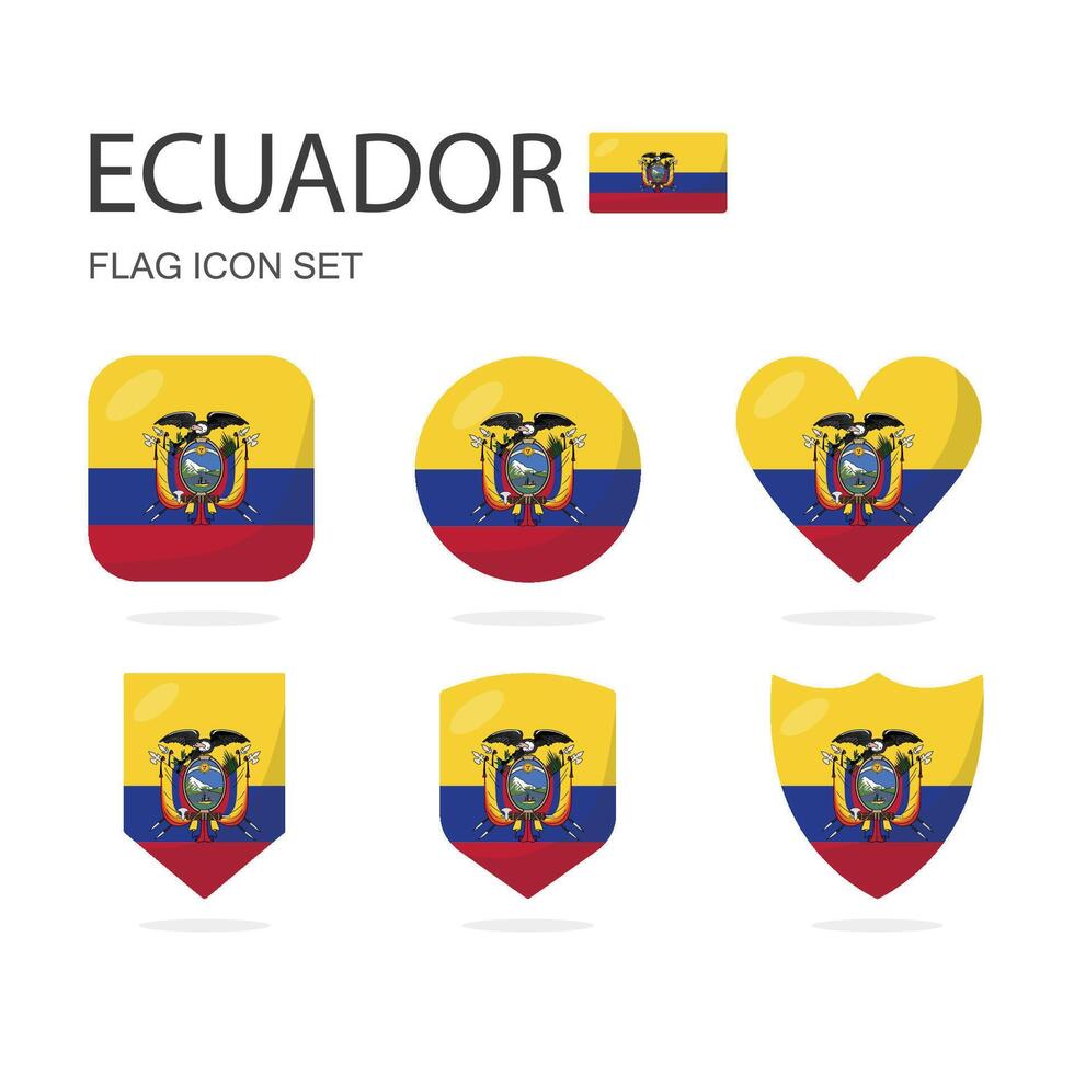 Equador 3d bandeira ícones do 6 formas todos isolado em branco fundo. vetor