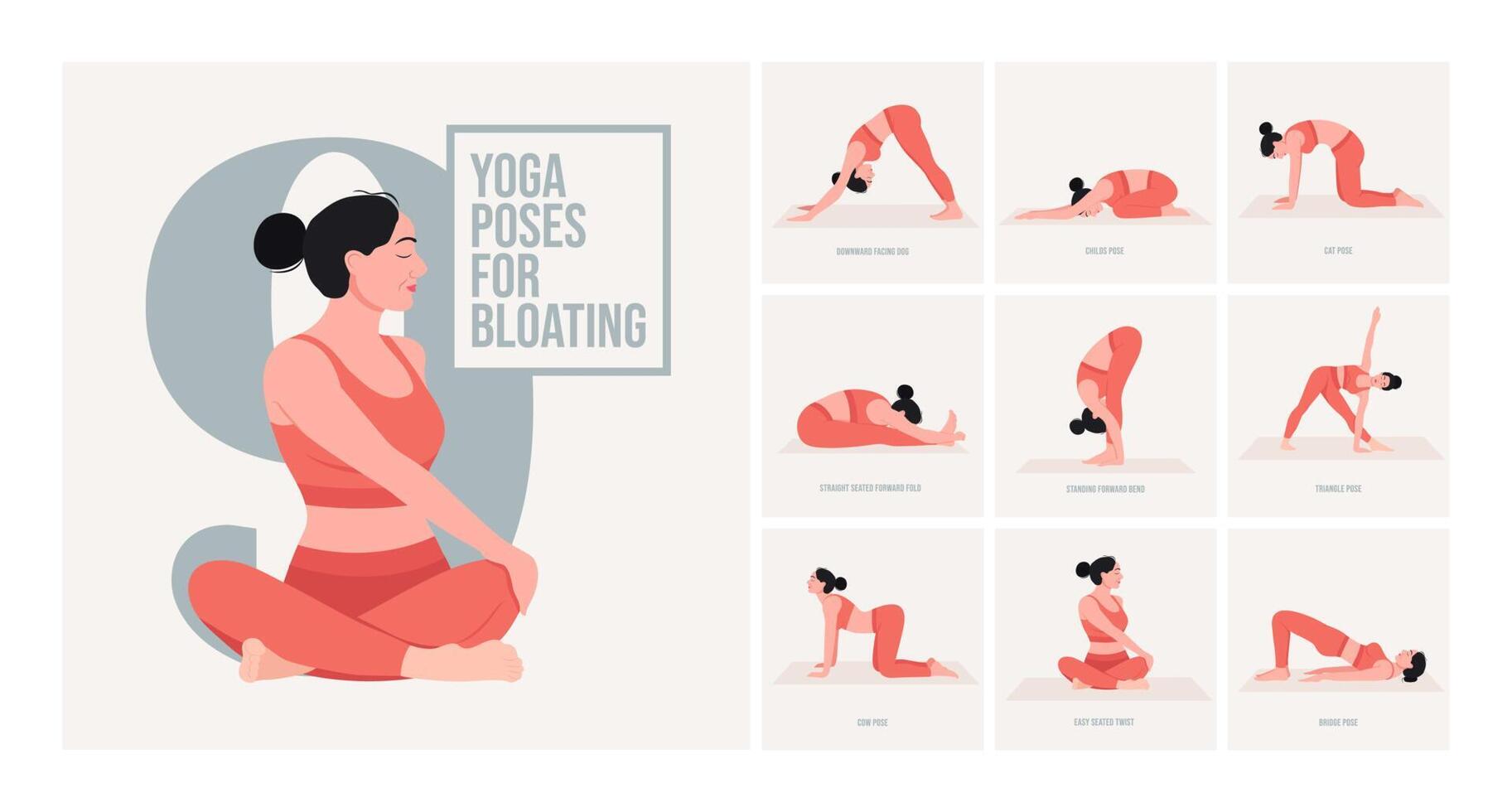 ioga poses para inchaço. jovem mulher praticando ioga pose. mulher exercite-se fitness, aeróbico e exercícios. vetor ilustração