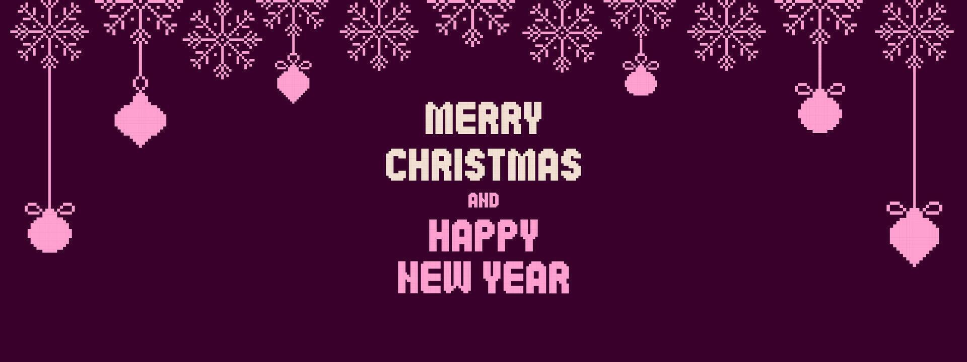pixel arte Natal e feliz Novo ano bandeira com bolas e flocos de neve.pixelados simples e na moda inverno decorações. alegre Natal imprimir. vetor