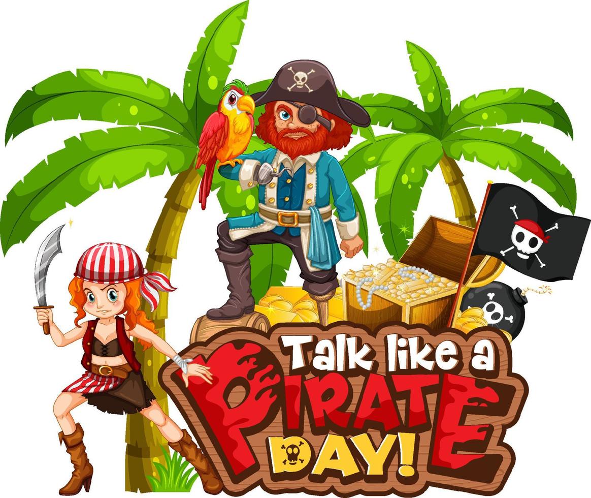 fale como um banner de fonte do dia do pirata com o personagem de desenho animado do pirata vetor