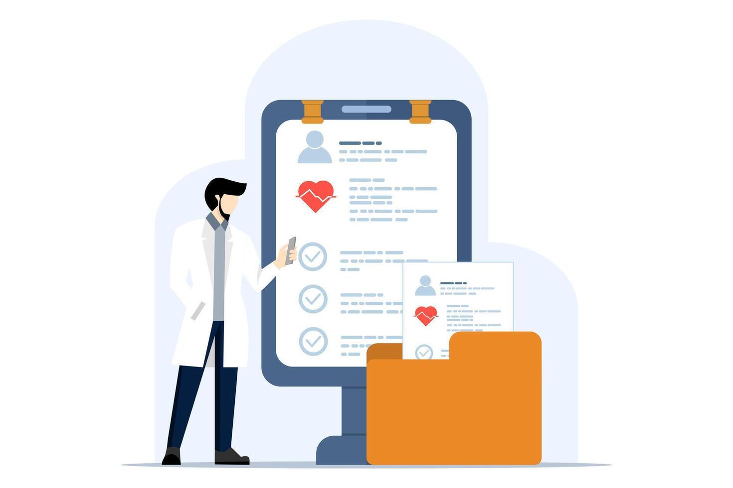 conceito do eletrônico saúde registros e conectados médico Serviços. médico dentro hospital lendo pacientes emr. pacientes levar Fora conectados consultas com especialista médicos. vetor ilustração.