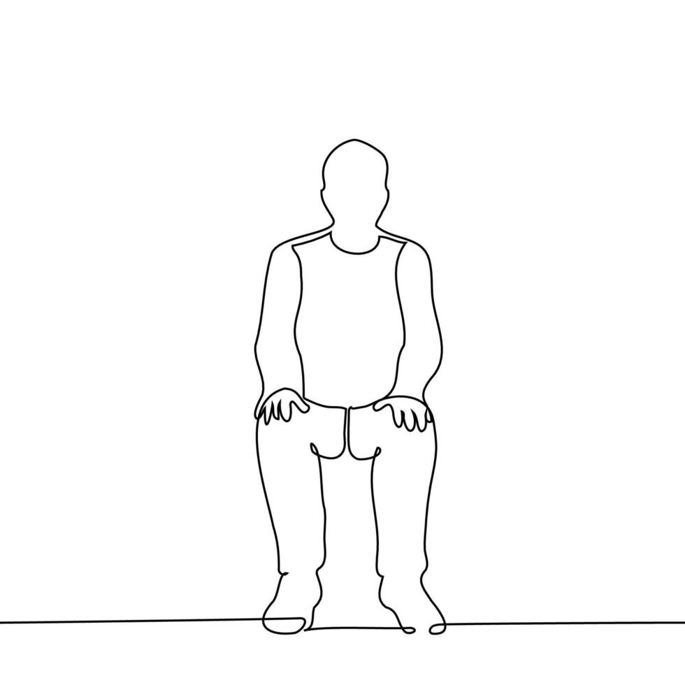 cheio comprimento masculino silhueta sentado com Palmeiras em joelhos - 1 linha desenhando vetor. a conceito sentado, esperando vetor