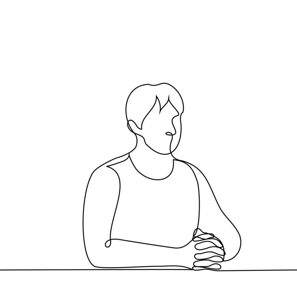 masculino aluna cruzado dedos sentado às a mesa - 1 linha desenhando vetor. conceito atento ou obediente ouvinte ou aluna vetor