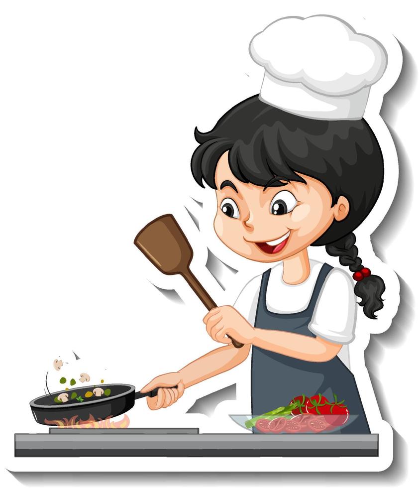 Adesivo de personagem de desenho animado com chef garota cozinhando vetor