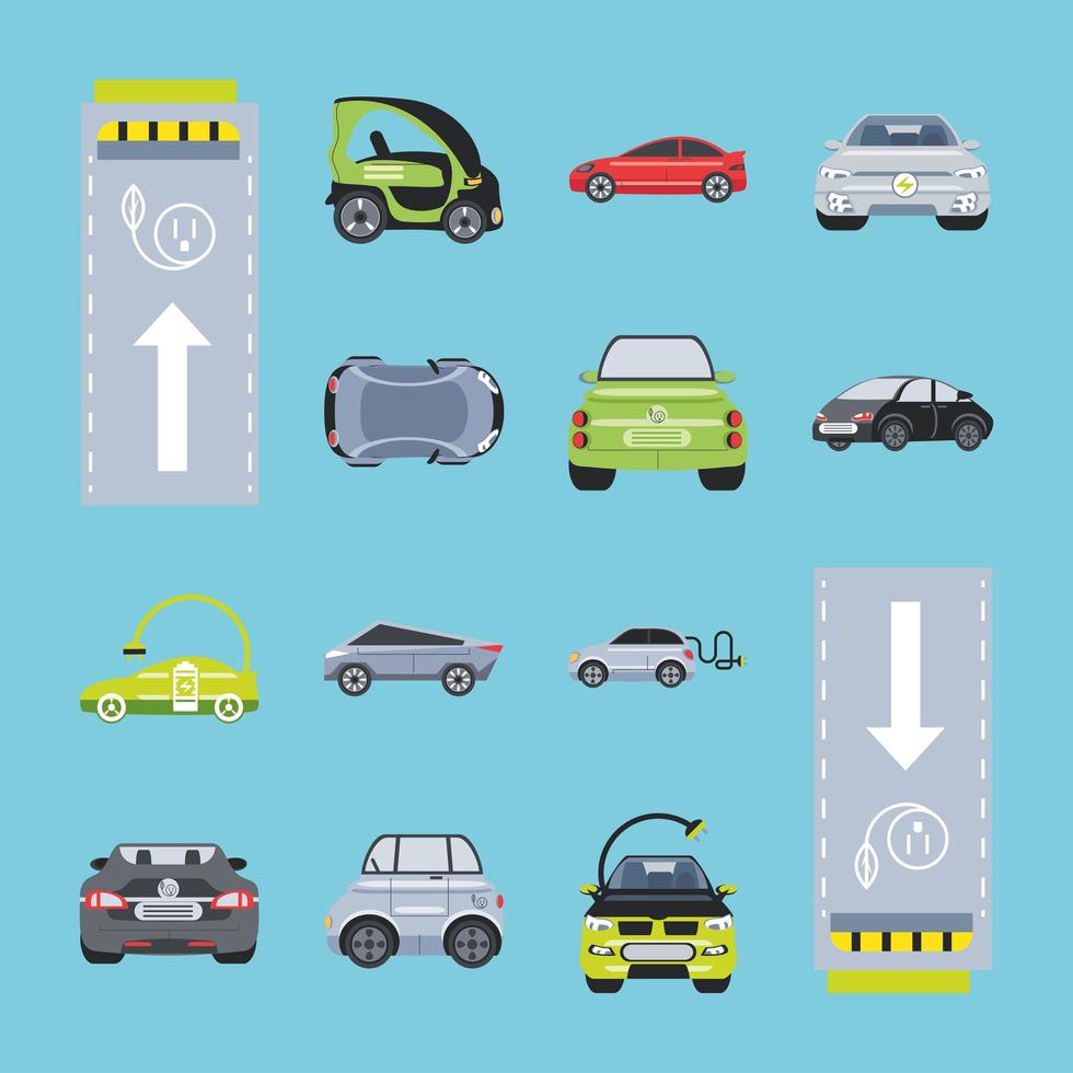 carros elétricos, veículos diferentes e ícones de zona de estacionamento vetor