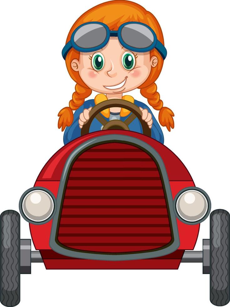 uma garota dirigindo um brinquedo de minicarro em fundo branco vetor