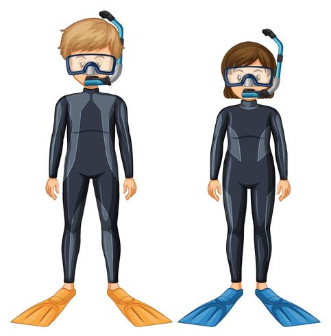 Dois mergulhadores com máscara e barbatana vetor