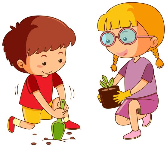 Menino menina, plantando árvore vetor