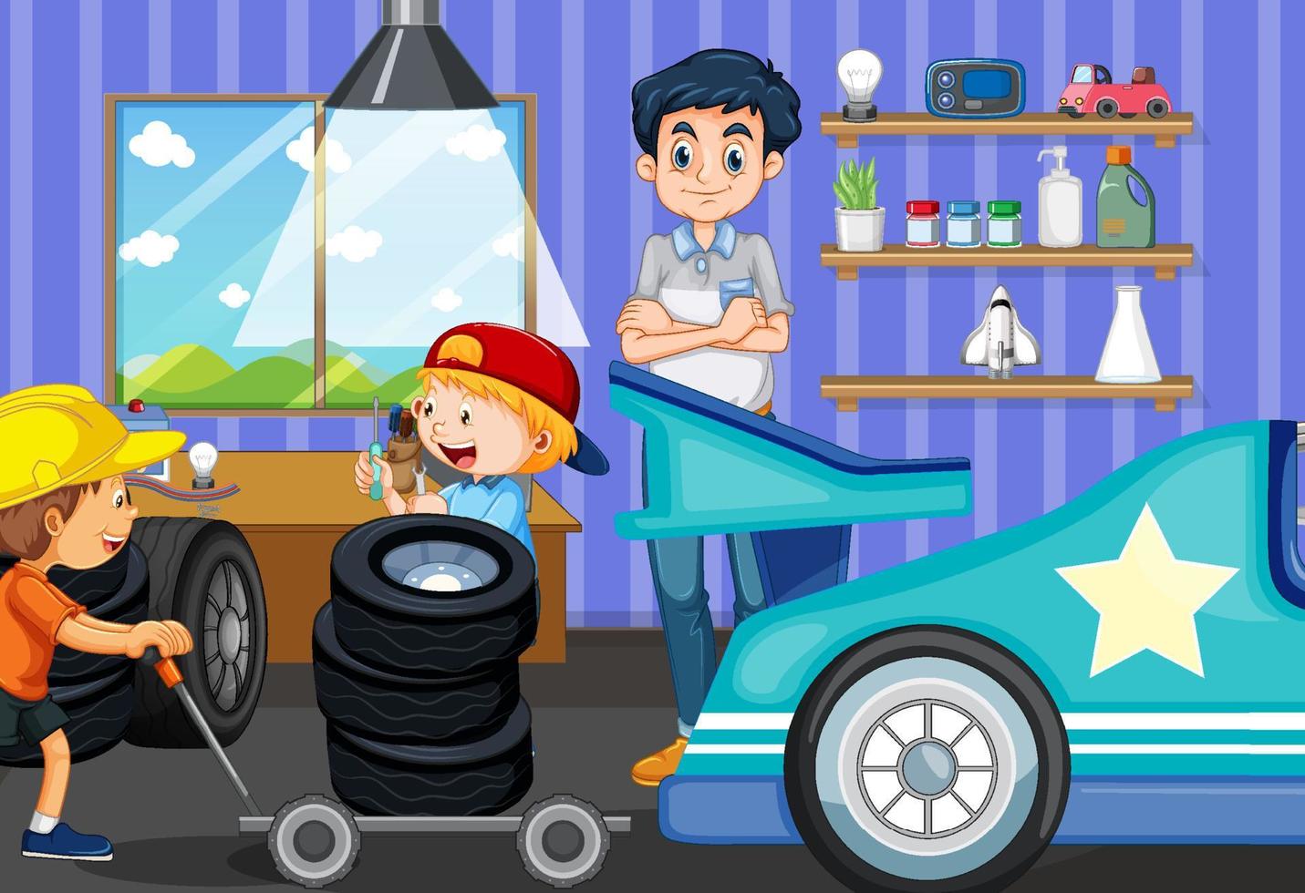 cena com um menino consertando carro com o pai vetor