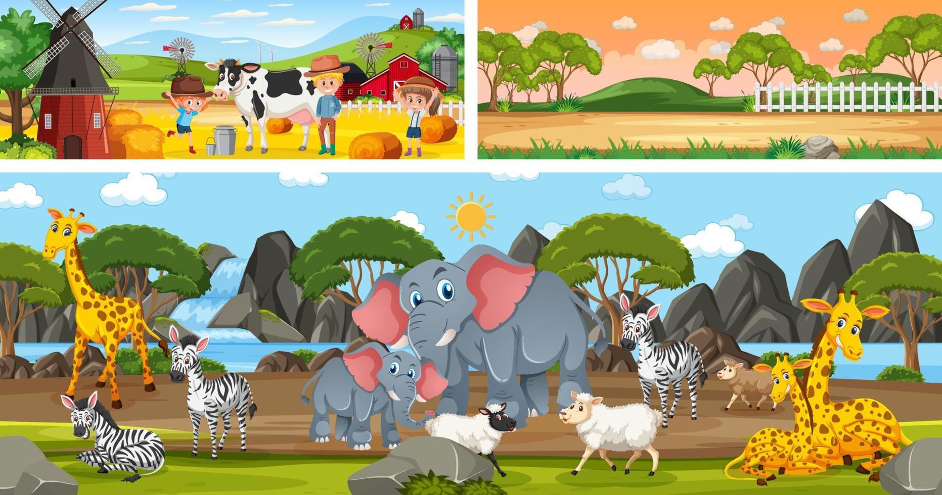 cenário diferente com paisagem panorâmica ao ar livre em estilo cartoon vetor