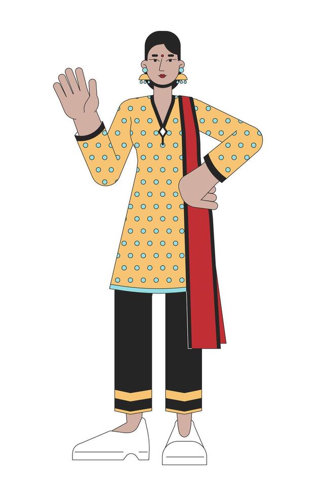 tradicional indiano étnico vestem mulher acenando 2d linear desenho animado personagem. hindu lindo isolado linha vetor pessoa branco fundo. hinduísmo festival deepawali cor plano local ilustração