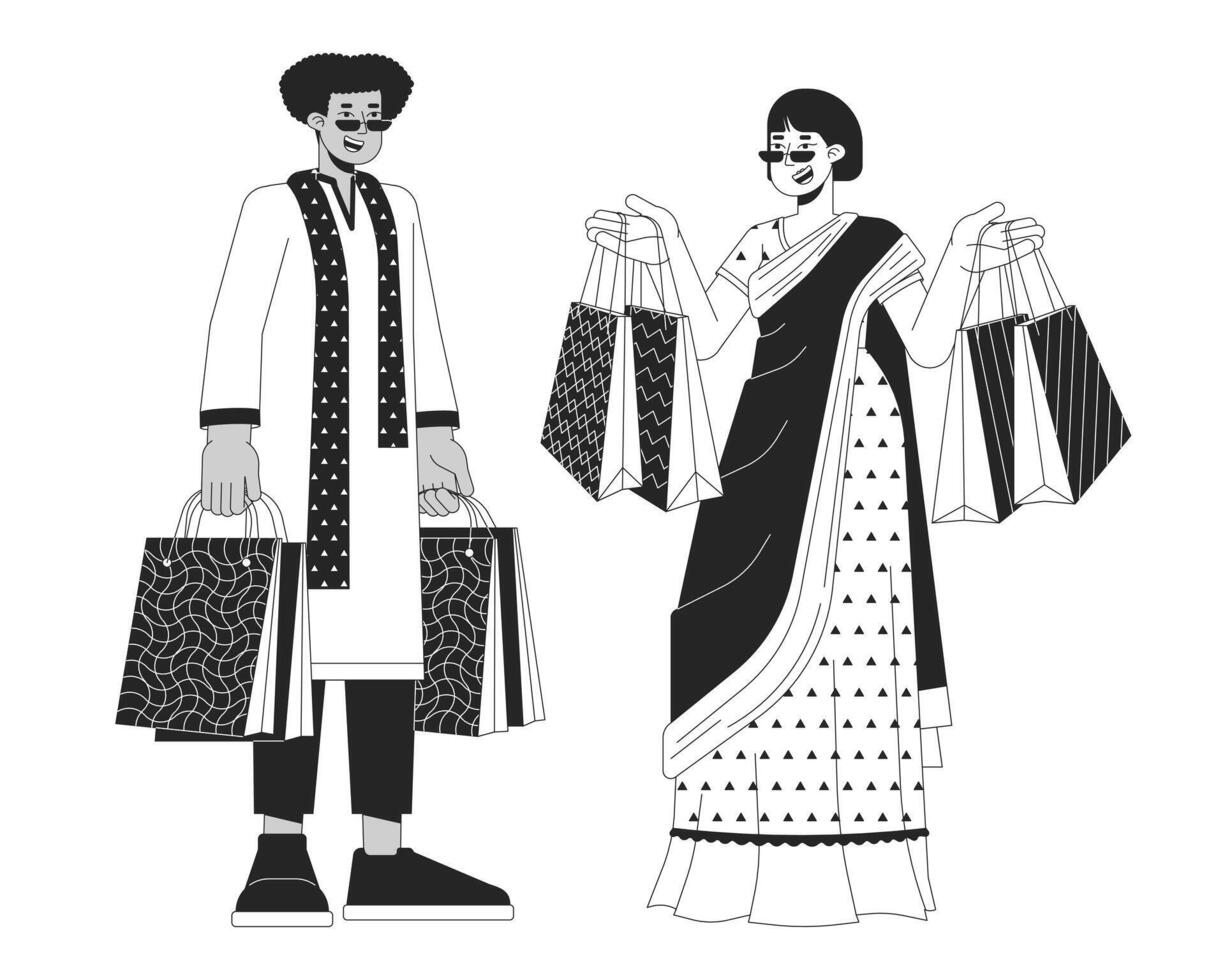 diwali presente bolsas Preto e branco desenho animado plano ilustração. indiano étnico vestem pessoas diverso 2d lineart personagens isolado. indiano festival do luzes compras monocromático cena vetor esboço imagem