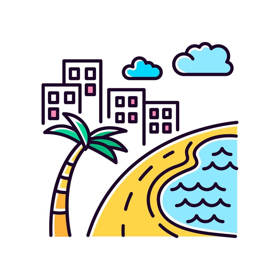 brasil oceano praia amarelo ícone de cor rgb. arranha-céus e lagoa. edifícios. estrada ao longo da costa com palmeiras. san paulo. Rio de Janeiro. ilustração vetorial isolada vetor