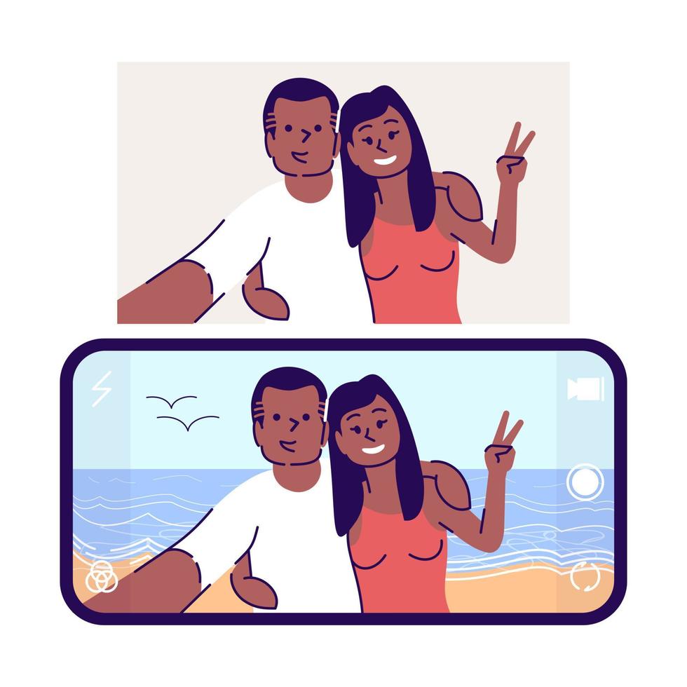 ilustração em vetor plana selfie. casal apaixonado tirando foto de si mesmo na praia. homem romântico, retrato de mulher. aplicativo de smartphone para edição de fotos de personagens de desenhos animados com elementos de contorno em fundo branco