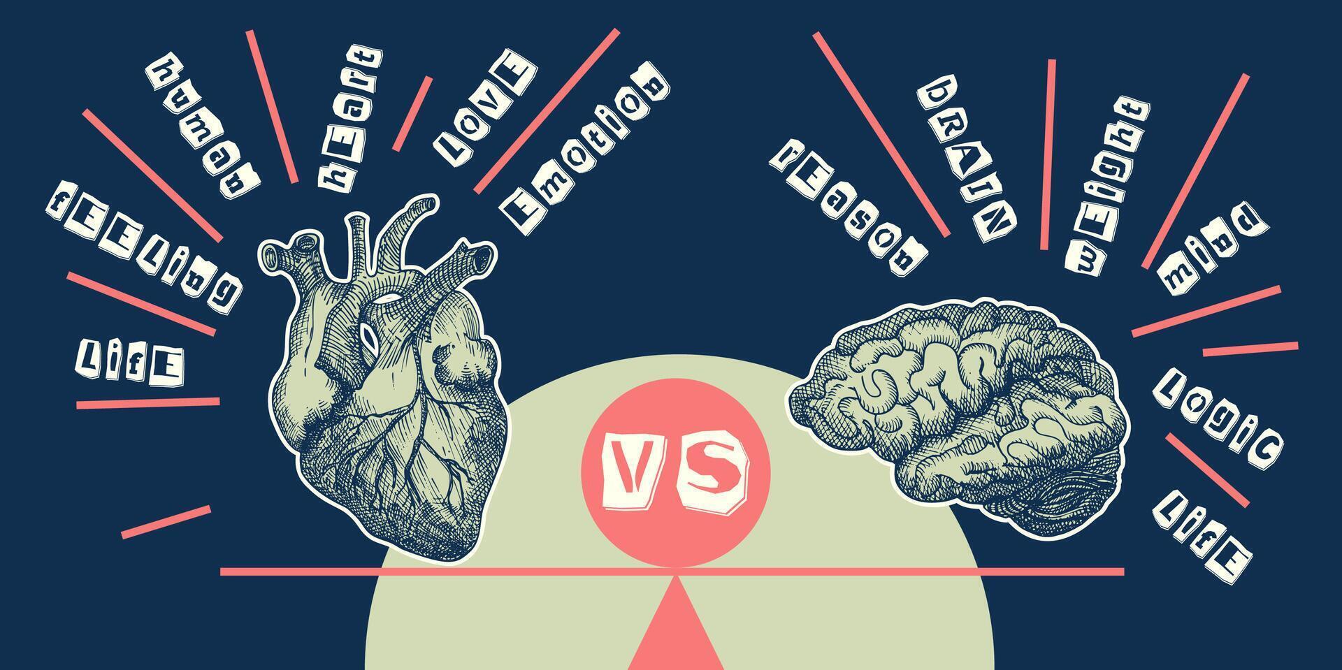 conceito coração vs cérebro. vintage Projeto colagem poster. mental saúde e emocional bem estar símbolos. mente-coração Saldo mão desenhado gráfico arte. metade tom e esboço rabisco estilo. vetor ilustração