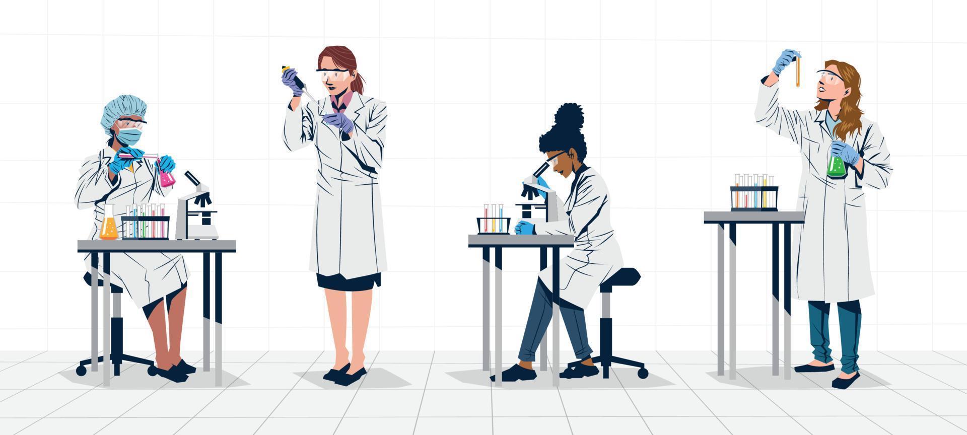 Mulher cientista trabalhando em conjunto de caracteres de laboratório vetor