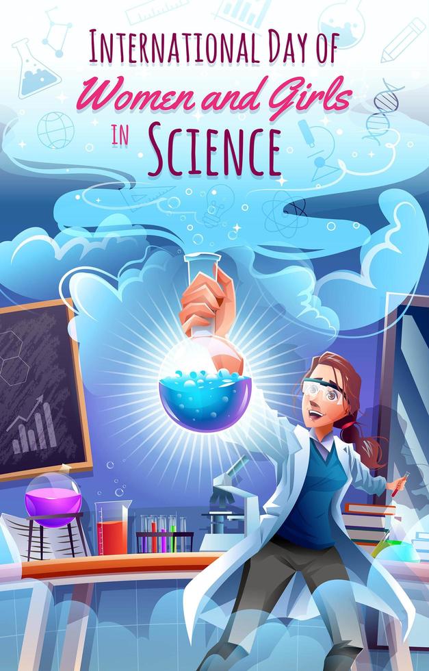 dia internacional das mulheres e meninas no conceito de ciência com um cientista fazendo experiências em laboratório vetor