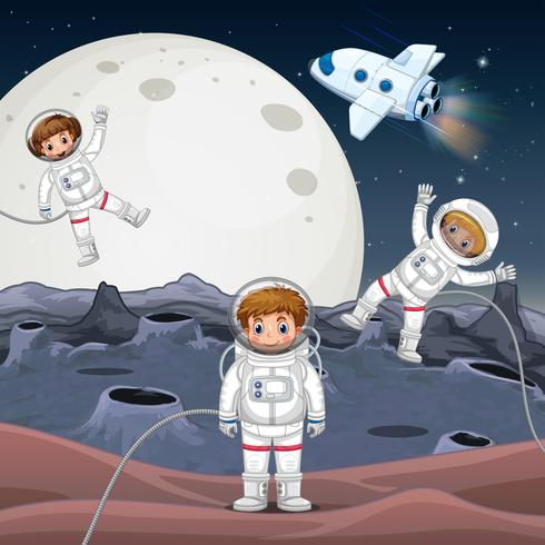 Três astronautas explorando o espaço vetor