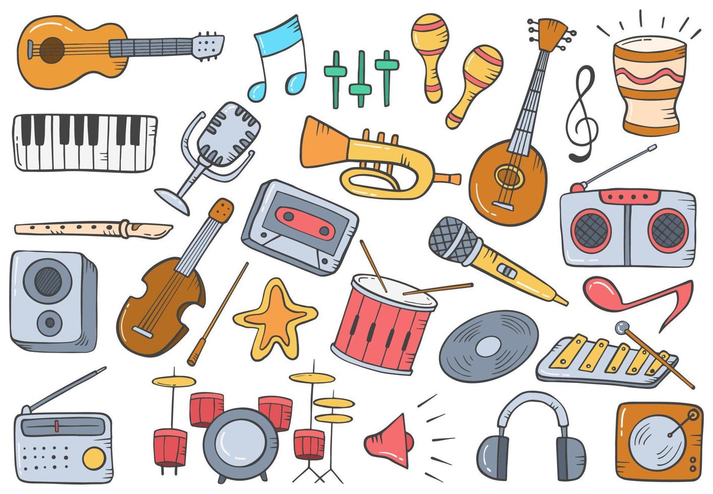 conceito da indústria da música doodle conjunto desenhado à mão coleções com estilo de contorno plano vetor