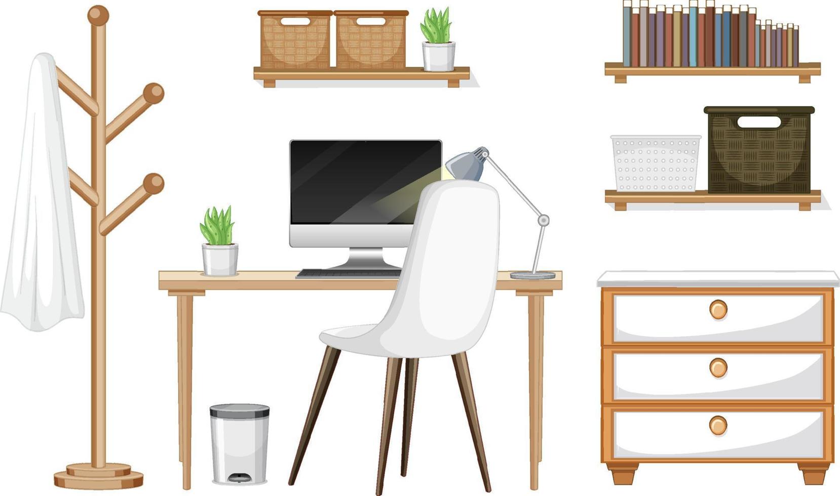 conjunto de móveis para design de interiores de espaço de trabalho em fundo branco vetor