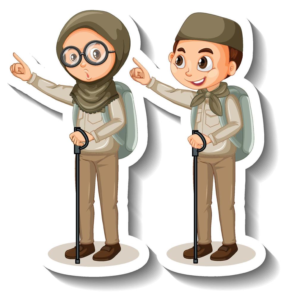 Adesivo de casal de garotos muçulmanos usando traje de safari de personagem de desenho animado vetor