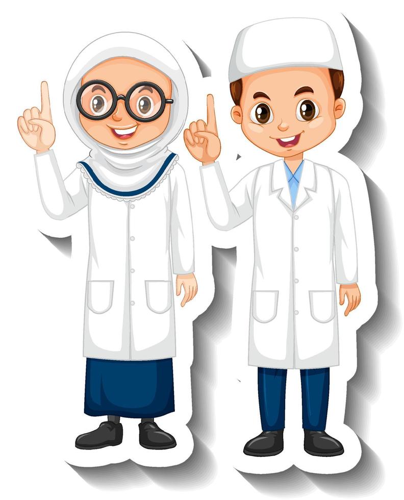Adesivo de personagem de desenho animado de casal muçulmano cientista vetor