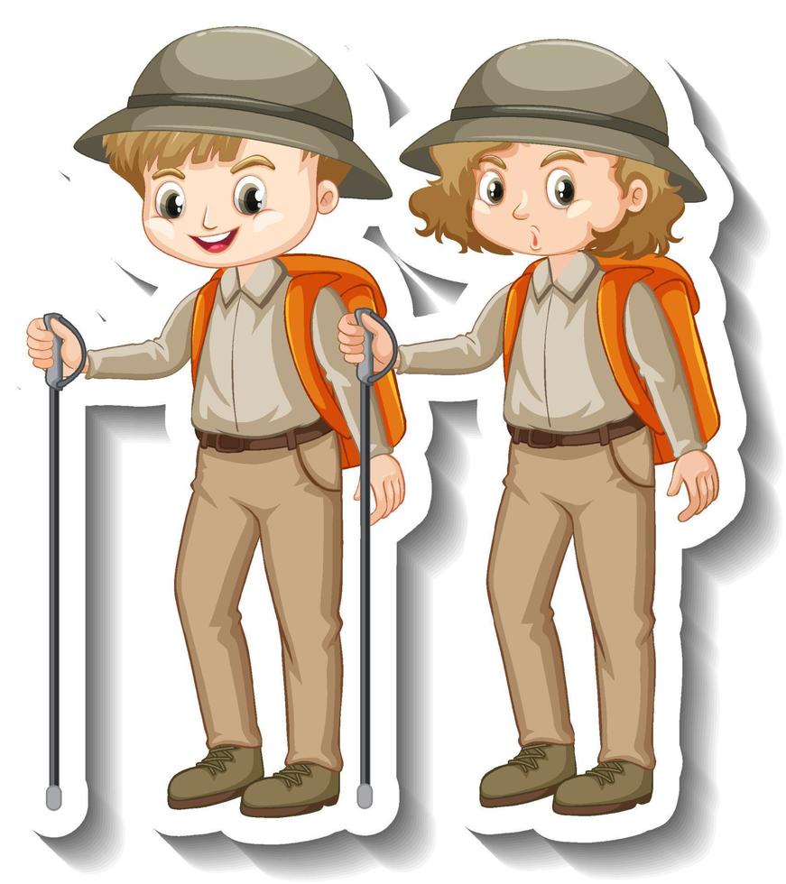 Adesivo de casal de filhos usando roupa de safari de personagem de desenho animado vetor