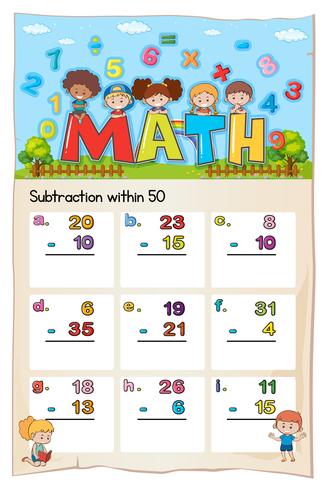 Planilha matemática para subtração dentro de cinquenta vetor