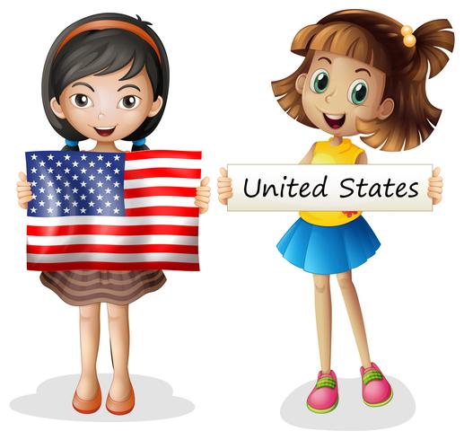 Duas meninas, com, bandeira estados unidos vetor