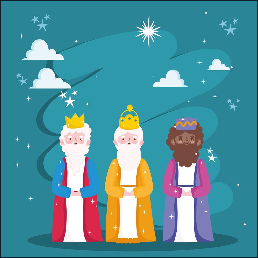 natividade, três reis sábios estrelas da noite desenho animado manjedoura vetor