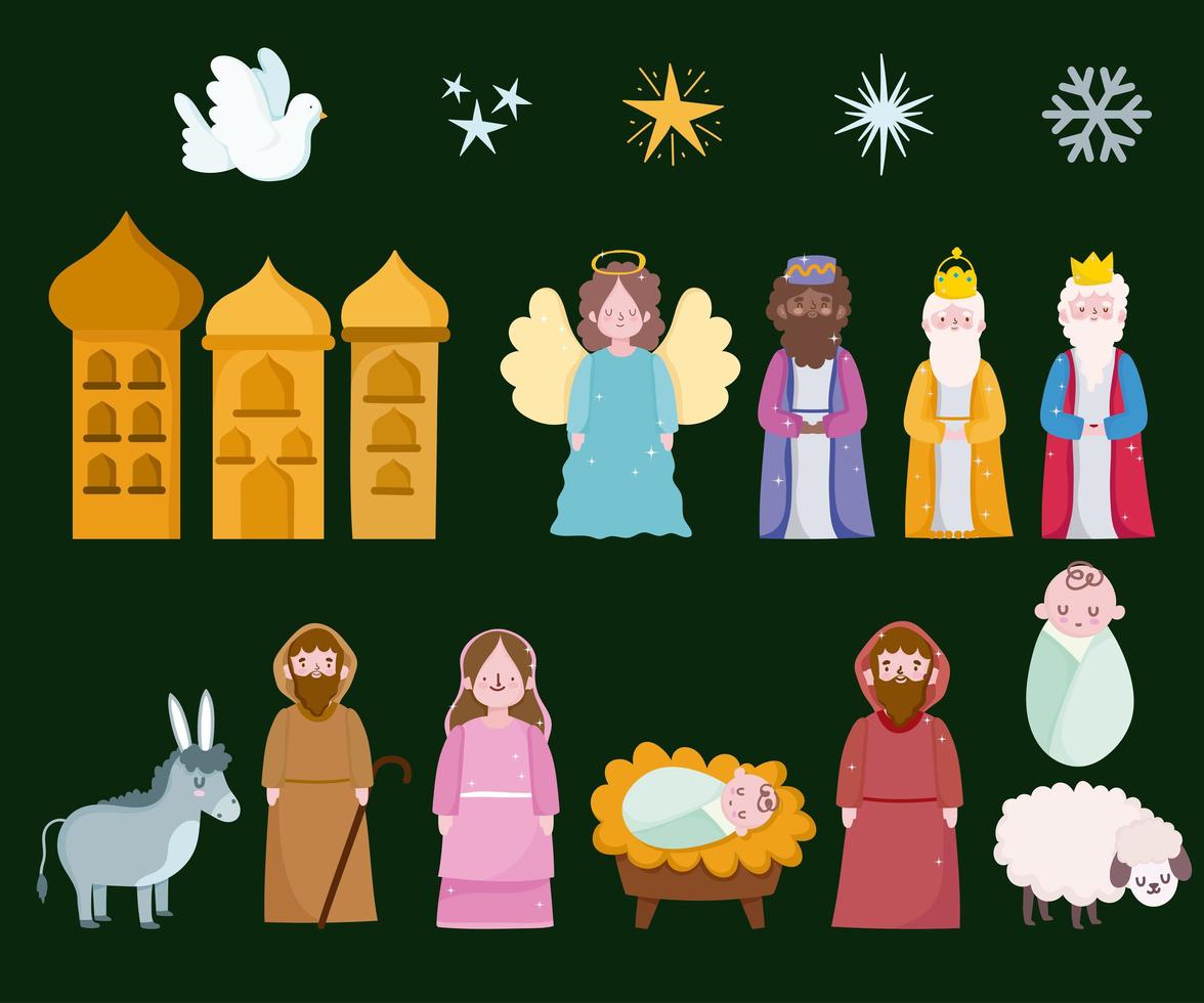 feliz epifania, três reis sábios mary joseph bebê e animais ícones vetor