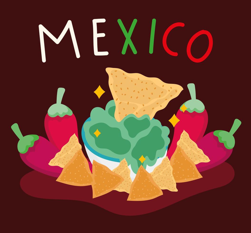 cultura do méxico tradicional guacamole nachos design de pimenta malagueta vetor