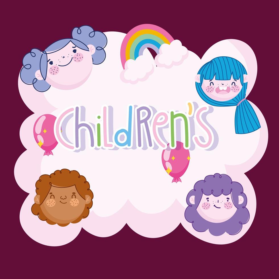 texto escrito à mão para crianças, rostos de meninas meninos arco-íris e desenho de balões vetor