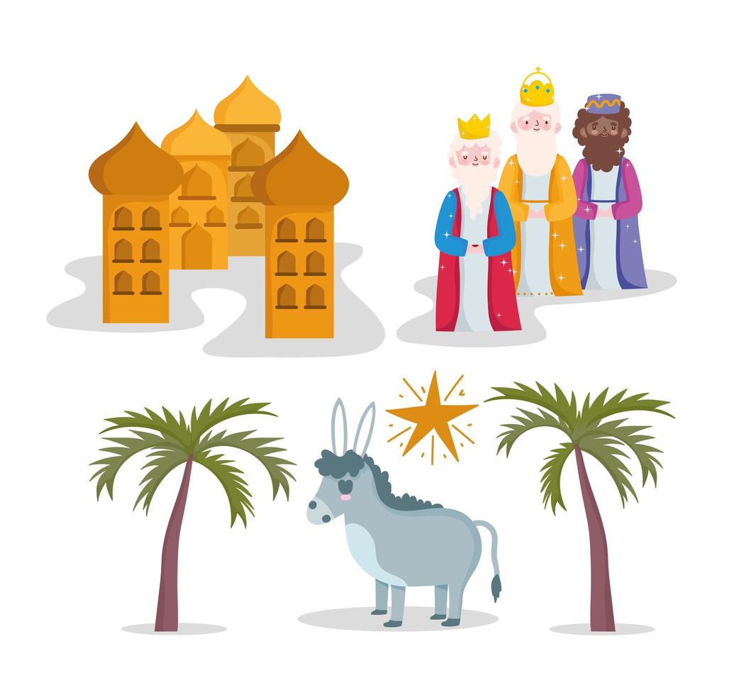 presépio, manjedoura três reis sábios burro e ícones de desenhos animados de estrelas vetor