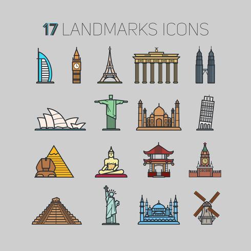 17 ícones marcos de todo o mundo, em uma técnica de contorno e cor lisa para você. vetor