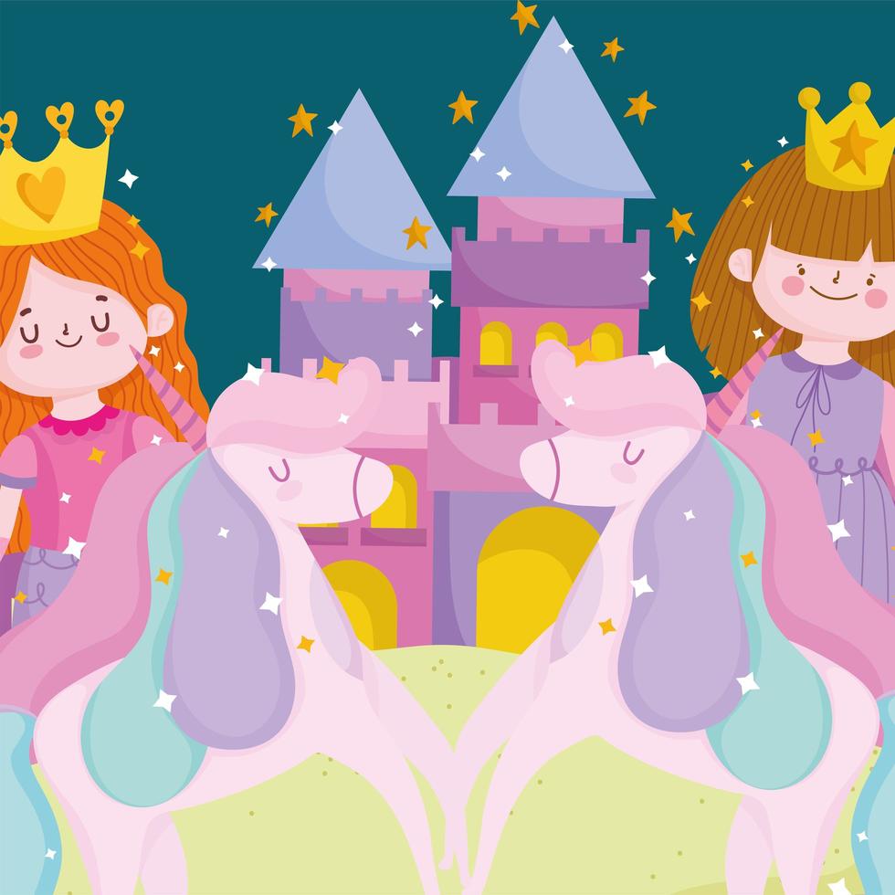 princesa conto desenho animado unicórnio castelo imaginação mágica vetor