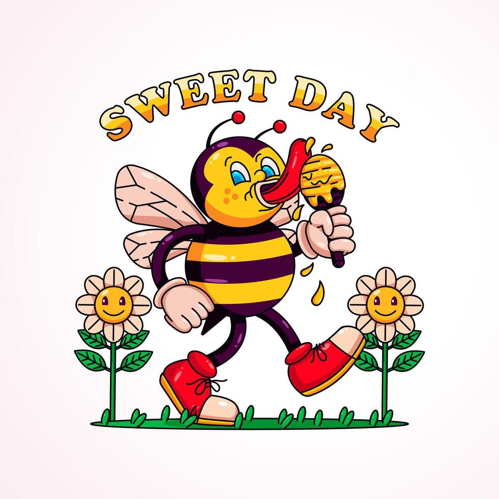suor dia, uma retro desenho animado do uma abelha comendo mel, perfeito para mascotes, Camisetas, adesivos e cartazes vetor