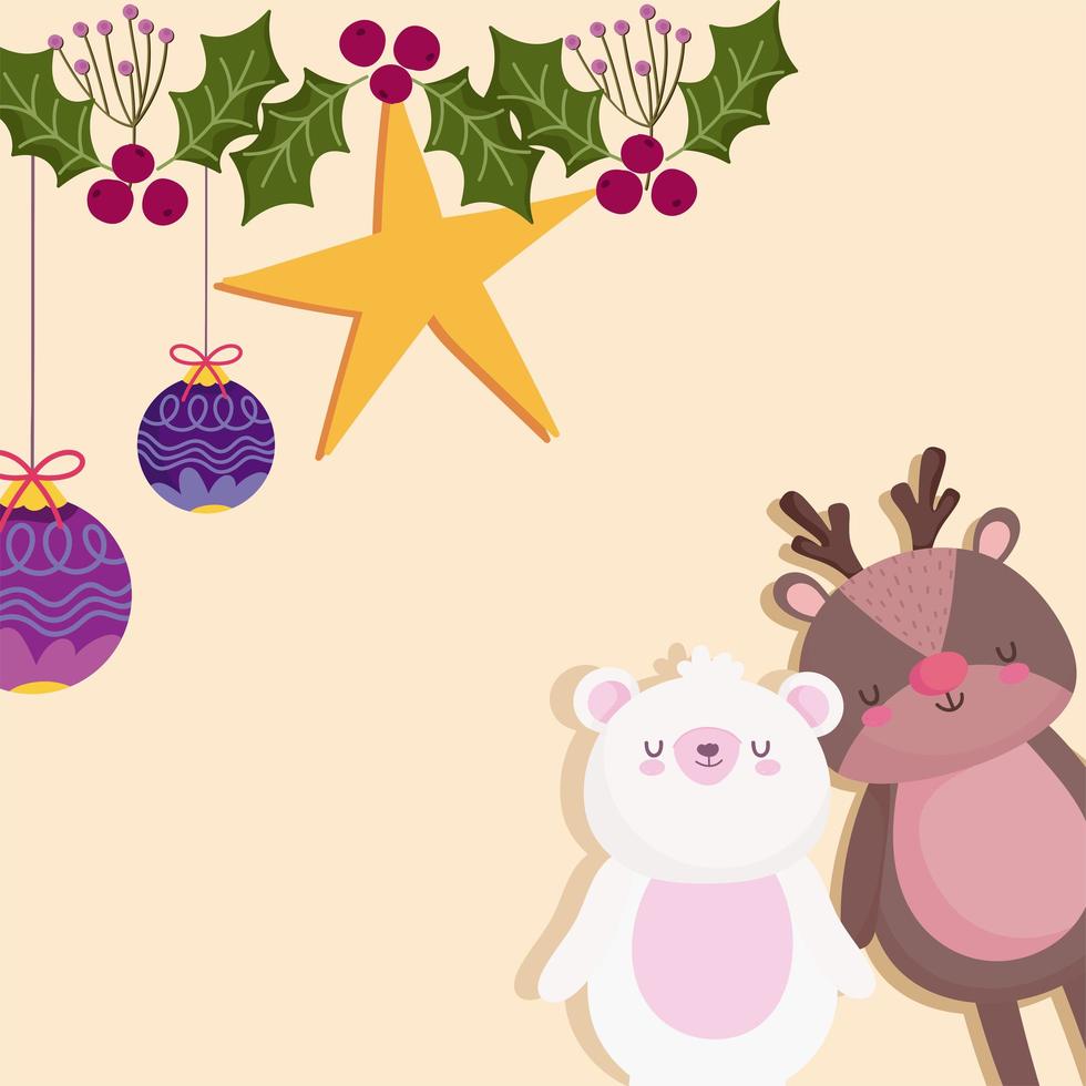 decoração de feliz natal, urso polar e estrela de rena e bolas vetor