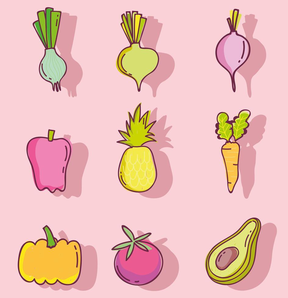 padrão alimentar, frutas e vegetais, nutrição fresca, conjunto de ícones de linha e preenchimento vetor