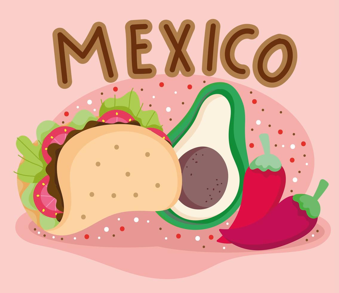 cultura mexicana comida tradicional abacate taco e pimenta malagueta vetor