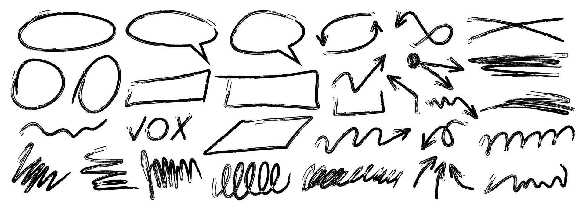 coleção do carvão desenhos dentro grunge estilo. linhas, oval, retângulo, Setas; flechas desenhado com uma lápis ou marcador. vetor ilustração.
