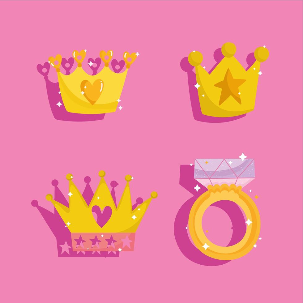 conto de princesa conjunto de ícones, coroas e anel com desenho de joia vetor