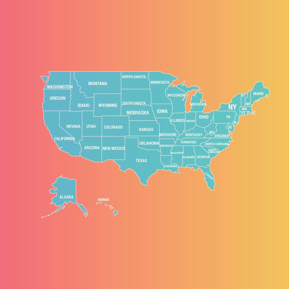 azul americano mapa e todos estados nome com colorida fundo vetor arte