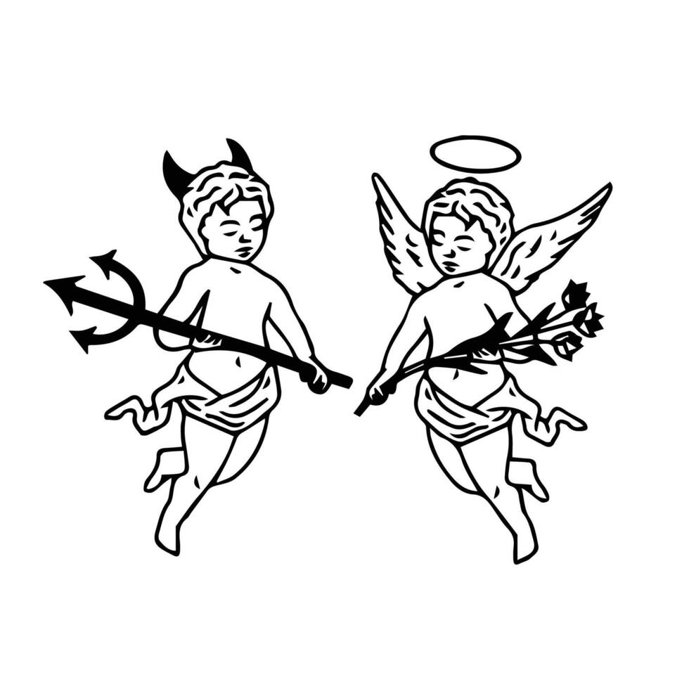 anjo e diabo terno elementos. Boa e ruim. vetor plano desenho animado Preto e branco ilustração