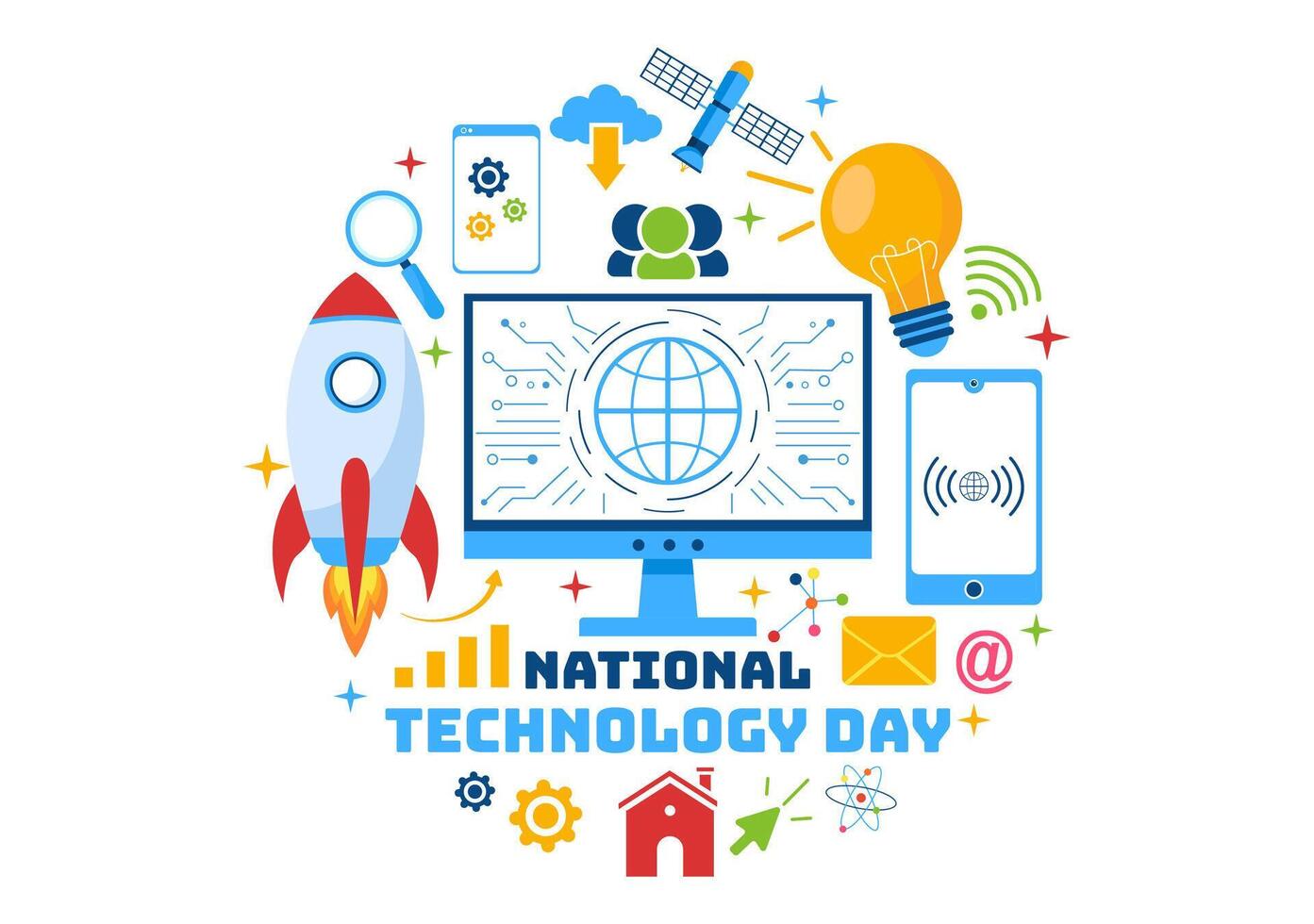 nacional tecnologia dia vetor ilustração em 11 pode com criativo digital para inovação e desenvolvimento do Alto tecnologia dentro plano desenho animado fundo
