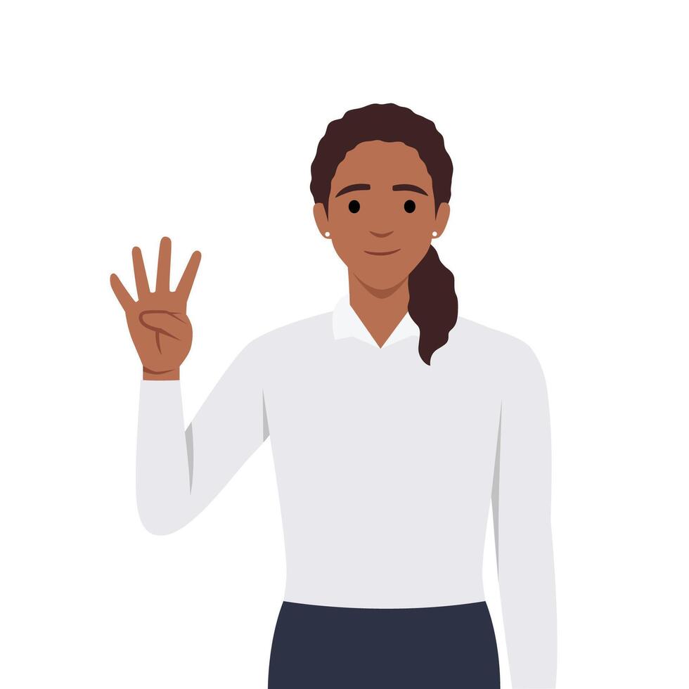 jovem mulher personagem levantar dele mão para mostrar a contagem número 4. vetor