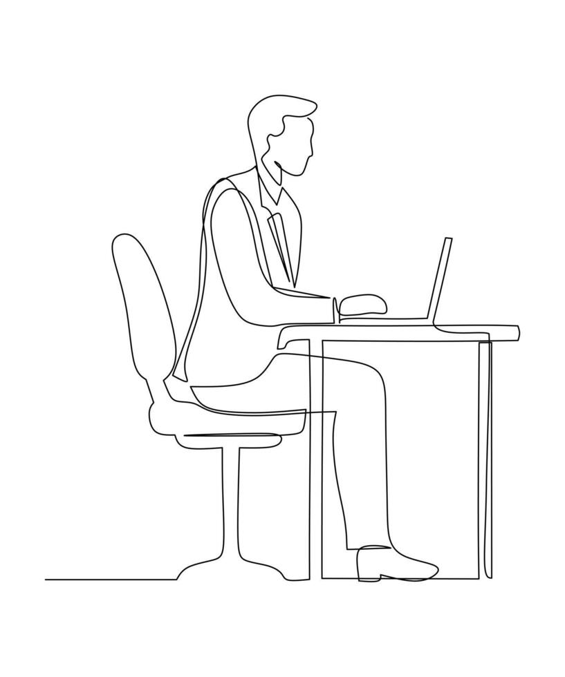 contínuo 1 linha desenhando homem de negocios sentado e digitando em computador portátil computador. preparar importante dados para apresentando dentro frente do Novo investidores. frenético. solteiro linha desenhar Projeto vetor ilustração