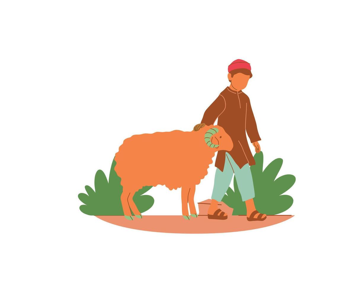 jovem feliz agricultor com uma ovelha plano vetor ilustração em branco fundo. animal fomento e adoção conceito Projeto