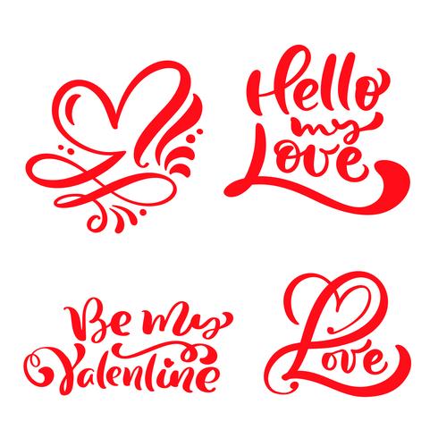 Conjunto de palavra caligrafia vermelha &quot;amor&quot;, &quot;Olá meu amor&quot;, &quot;Be My Valentine&quot; vetor