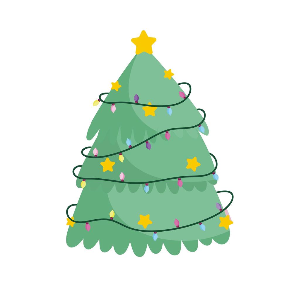 Feliz Natal, árvore com estrelas douradas e isolamento de ícone de celebração de luzes vetor